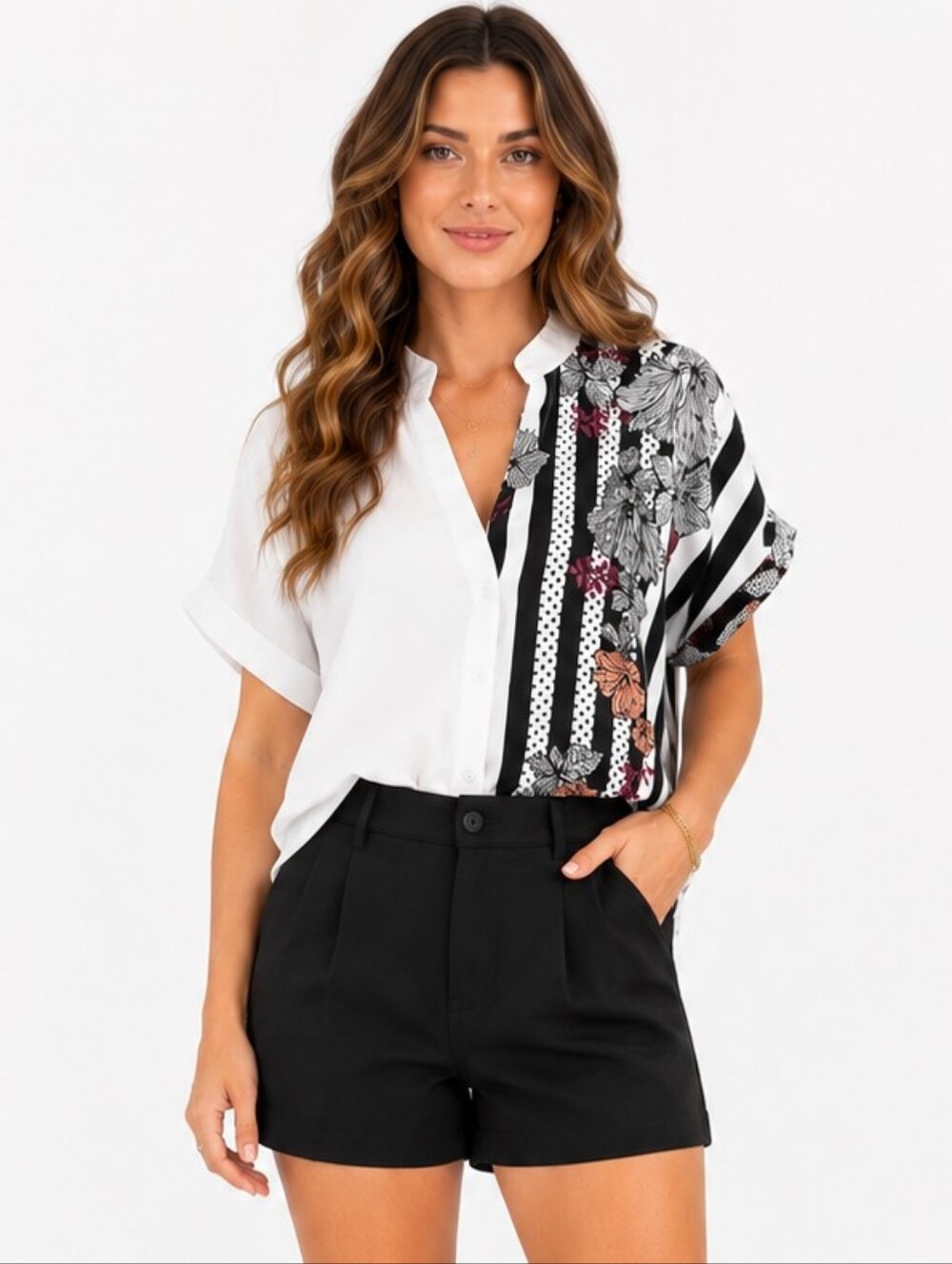 SHEIN Color Block Floral Stripe Blouse NWOT Small Black White Oversized Top